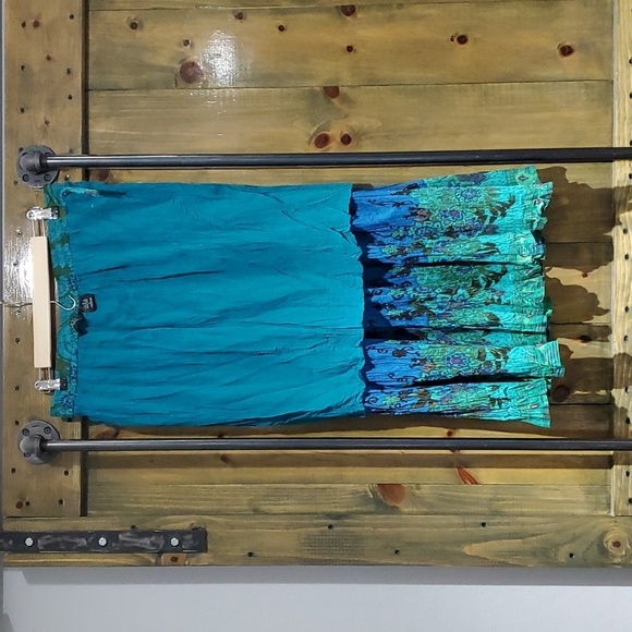 BLUE GREEN GAUZY SKIRT BOLD STATEMENT HIPPIE BOHO GYPSY FLOWY COMFY SIZE LARGE - Picture 11 of 12